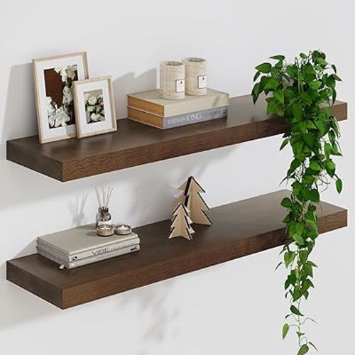 Marsmiles Solid Wood Floating Shelves for Wall, 24”W x 9”D x 1.56”H Large Wall Shelves for Living Room Bedroom Bathroom Kitchen Drcor Storage with Invisible Heavy-Duty Metal Bracket, Walnut, Set of 2