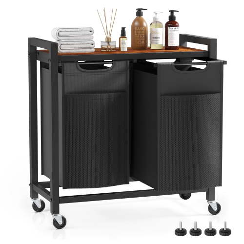 edx Laundry Hamper with 2 Pull-Out Removable Laundry Bags Clothes Sorter with Shelf and Wheels(Adjustable feet), 2 x 11.2 Gallons (42.5 Liters) for Laundry Rooms, Bathrooms and Dorms