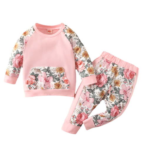 Girls Outfits Set Floral Patchwork Long Sleeve Tops Casual Long Pants Spring Autumn Outfit Baby Girls' Clothing Sets Red 3 Months-6 Months