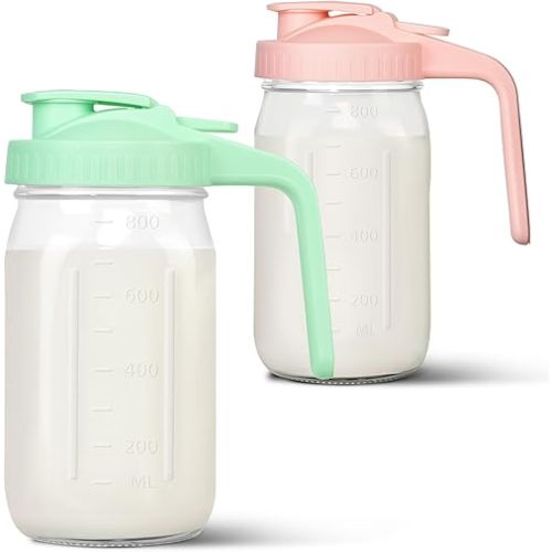Breast Milk Pitcher, 32 oz Glass Mason Jar with Lid, Wide Mouth & Leakproof Glass Pitcher for Breastmilk, Sun Tea, Juice, Cold Brew Coffee and Drinks (Pink+Green)