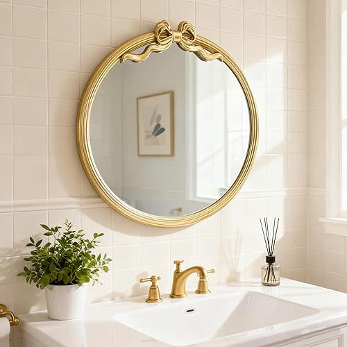 15.75" Gold Bow Decorative Round Mirror, Metal Frame Hanging Circle Mirror, Wall Mounted for Entryway, Bathroom, Vanity, Living Room