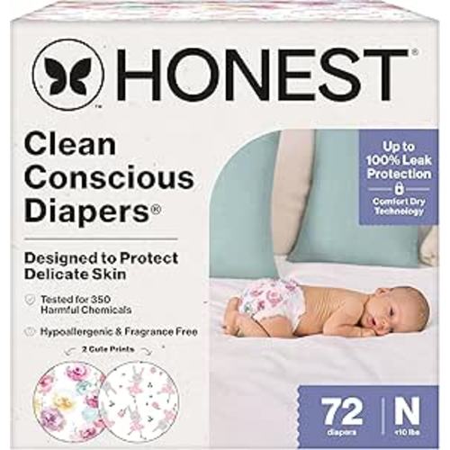 The Honest Company Clean Conscious Diapers for Delicate Skin Up to 100% Leakproof Hypoallergenic Fragrance-Free Baby Girl Prints Club Box Size Newborn 72 Count (Prints May Vary)
