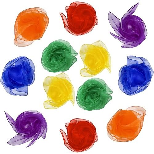 Dance Scarves for Kids 12 Pcs Music Scarves Dance Scarf Play Scarves for Children Movement Square Juggling Silk Tricks Scarves Rhythm Band Scarves(6 Colors,24" x 24")