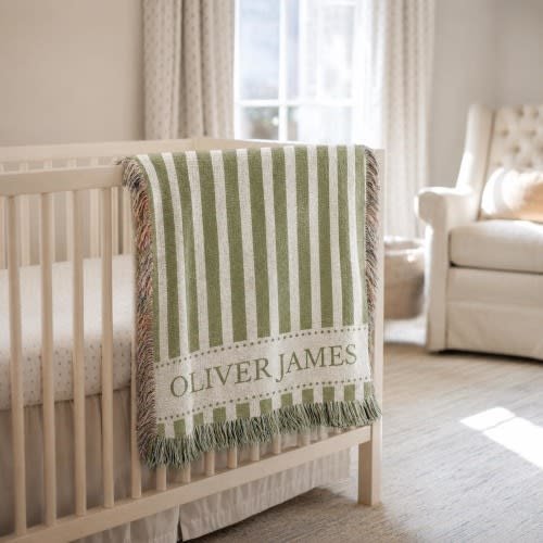 Personalized Striped Cotton Woven Blanket, Custom Name Nursery Decor