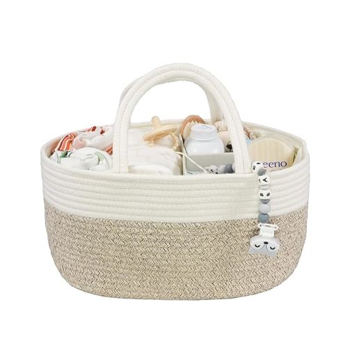Color- White and Brown - Size Large Baby Diaper Caddy Organizer for Girl Boy Rope Nursery Storage Bin Basket Portable Holder Tote Bag for Changing Table Car Travel Baby Shower Gifts Newborn Registry Must Haves White and Brown