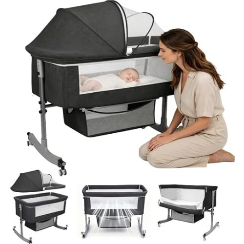 3-in-1 Baby Bassinet Bedside with Storage Basket, Portable Baby Cradle Bassinet with Wheels, Mosquito Net, 6 Levels Height Adjustable (Black)