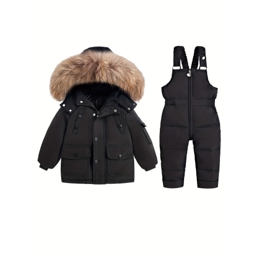 2-3 2pcs Boys Girls Winter Snowsuit Hooded Jacket Coat + Snow Bib Pants Youngsters Windproof Skiing Suit Snow Clothes 1-5T