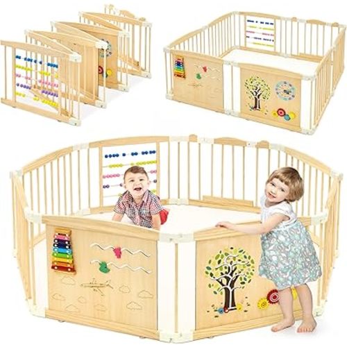 Wooden Playpen for Babies and Toddlers, Foldable Baby Playpen with Locking Gate, Adjustable Size & Shape Kid Play Yard, 8 Panels Pinewood Baby Fence, 63”x63”x24”
