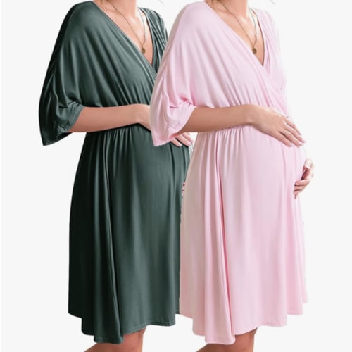 Ekouaer Labor/Delivery Hospital Gown 2 Pack, Color: Dark Green/Pink, Size: XXL
