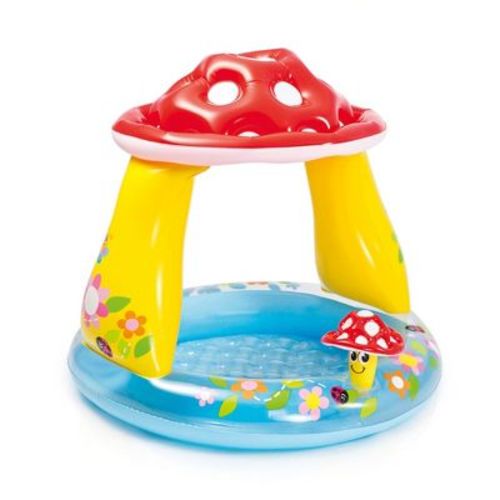 INTEX 57114EP Mushroom Baby Pool: Built-In Mushroom Shade – Soft Inflatable Floor – Durable Vinyl – Ages 1-3 – 40" x 35"