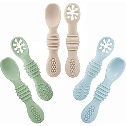 PandaEar 6 Pack Silicone Baby Spoons for Baby Led Weaning, First Stage Baby Toddler Self Feeding Utensils 6+ Months (Blue Green Beige)