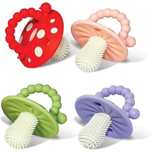 RaZbaby Soft Silicone Infant & Baby 3M+ Teether Toy Massaging Bristles Teething Relief Pacifier - Soothes Sore Gums - Hands-Free & Easy-to-Hold Chompy Teether 4PK, BPA Free (Lavender/RED/Pink/Green)