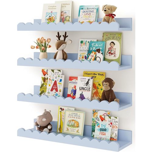 Shario Nursery Book Shelves, 4-Pack White Floating Shelves for Wall Kids, Scalloped Shelves, Wall Book Shelves for Bedroom Kids, Toddler Room, Baby Room, Nursery Decor (Blue, 16.5 Inches)