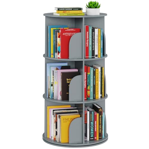 SpaceAid 3 Tier Rotating Bookshelf Tower, Spinning Bookcase Lazy Susan, Revolving 360 Book Shelf Storage Round Carousel, Vertical Rotate Turning Spiral Corner Organizer, Gray