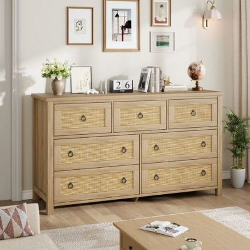 Rattan 7 Dresser for Bedroom, 47.2" Wide Dresser, Boho Wide Drawer Dresser with Storage, Wooden Closet Dressers Chest of Drawers, Natural