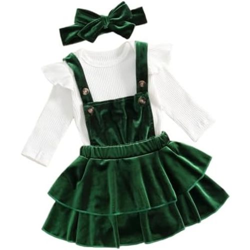Newborn Baby Girls Christmas Outfits Long Sleeve Romper+Velvet Suspender Skirts+Headband Clothes