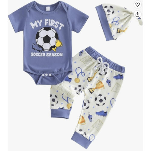 Newborn Baby Boy Soccer Outfit My First Soccer Season/New Playwer Romper Long Pants Hat 3Pcs Summer Clothes - 6-9 months