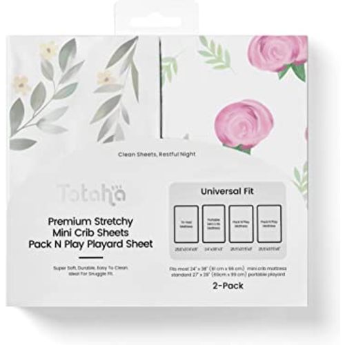 TotAha Premium Stretchy Pack N Play Playard Sheets | Mini Crib Sheets (2-Pack) -Hypoallergenic, Silky Comfort, Buttery Soft, Calming Effect, All-Season Jersey-Knit (Pink Buds & Green Leaves)