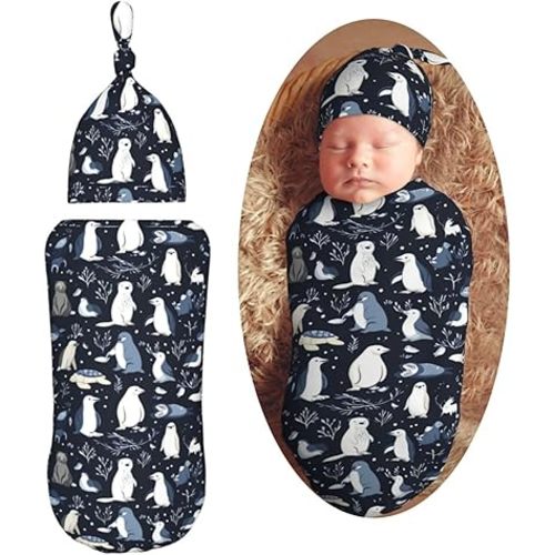 Arctic Animals and Wildlife Newborn Swaddle Blankets Hat Sets Soft Baby Receiving Blanket Swaddle Sack for Baby Shower Infant Boy Girl Gift