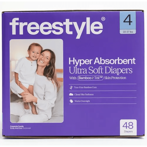 Freestyle BambooTek Diapers – (Size 4) Hyper Absorbent & Non-Toxic – Disposable Diapers for Sensitive Skin – Ultra Soft Diaper's (22-37 lbs) – 48 Count