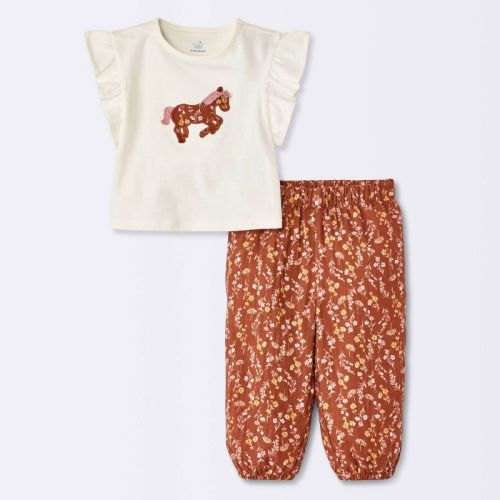 Baby Girls' Pony Short Sleeve and Floral Pants Set - Cloud Island™ Cream 6-9M
