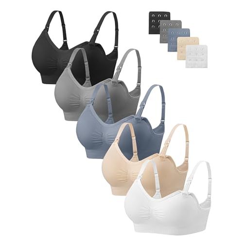 Angelhood Women Nursing Bras for Breastfeeding 5 Pack, Maternity Sleep Bra | Seamless Pregnancy Full Bust Bralettes with Extenders, Wireless V Neck Bralette, Ultra Comfort Postpartum Essentials Bra Pack