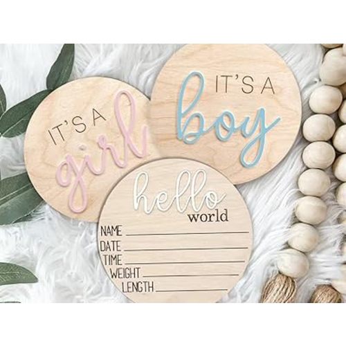 3ps Its a Boy Its a Girl Wooden Sign & Hello World - Gender Reveal, Acrylic Boy or Girl Announcement, Birth Announcement for Hospital, He or She Photography Prop, Boho Gender Reveal Decor Pink Blue