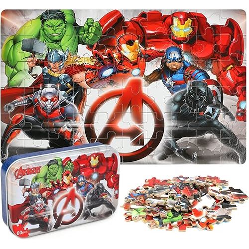 Puzzles for Kids Ages 4-8 60 Pieces Superhero Jigsaw Puzzles for Boys and Girls Educational Learning Puzzles in Metal Box The Avengers.