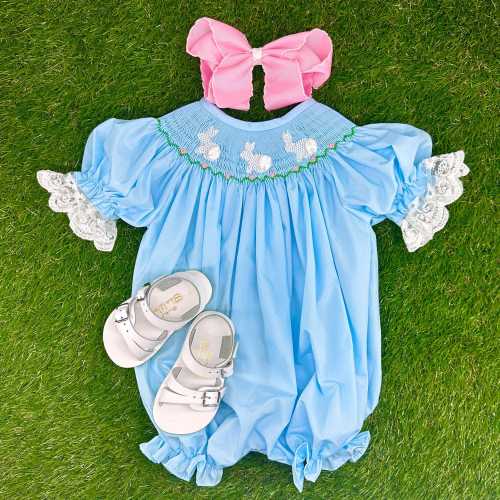 Bunny Smocked Bubble Romper in Light Blue- Matching Sibling, Easter, Summer, Baby Girl, Vintage Style, Baby Gift, Heirloom 825 *B