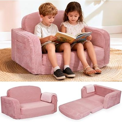 Foryoomi Extra Wide 2 in 1 Convertible Toddler Kids Couch - Corduroy Fold Out Kids Sofa Chair with Blanket, Comfy Comfortable Toddler Chair, Machine-Washable Cover, for Boys Girls, Pink