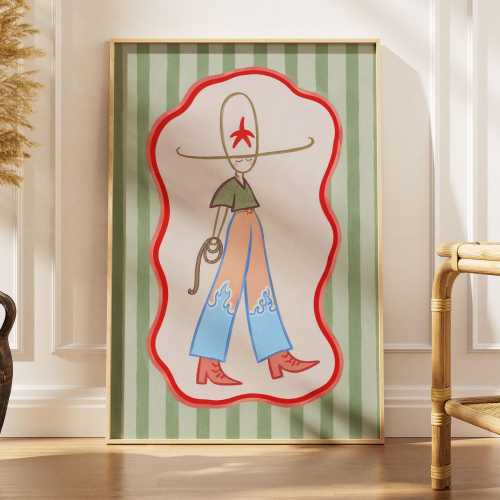 Pastel Cowboy Art Print | Green Striped Western Nursery Decor (Physical Print)