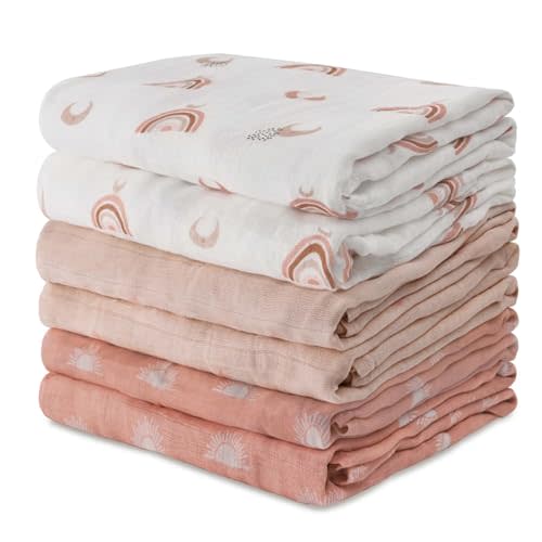 GLLQUEN BABY Receiving Blanket Boy Cotton Muslin Swaddle Blankets Girl Newborn Squares Breathable & Soft Thin Baby Blankets Cloths Double Absorbent Infant Swaddling Wrap - 6 Pack (Sun)