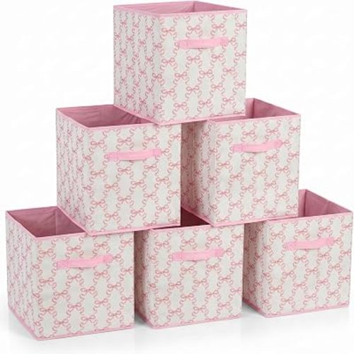 6 Pcs Pink Bow Cube Storage Bins 12.5 Inch Storage Basket with Handle, Cute Girls Organizer Basket, Collapsible Fabric Box for Classroom Bedrooms Office Home Decoration (Bow)