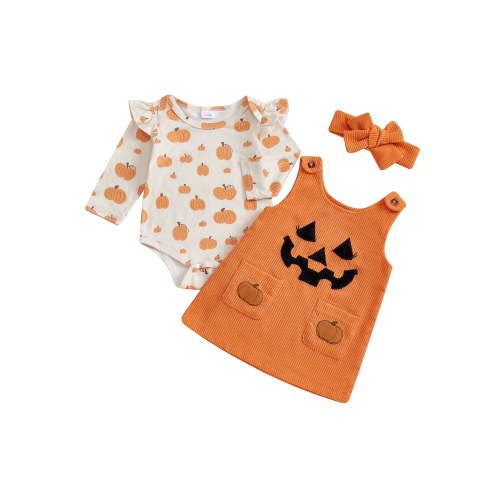 Loicainy Infant Baby Girl Halloween Outfit 3 6 12 18 Months Pumpkin Ruffle Long Sleeve Romper Overall Dress Headband 3 Piece Clothes Set