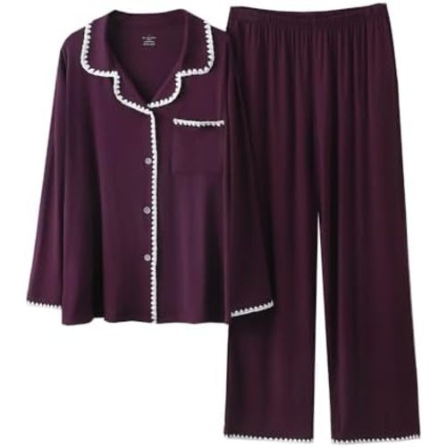 codcm Womens Pajamas Set Long Sleeve Button Down Sleepwear 2 Pieces Soft Nightwear Embroidery Pjs Set