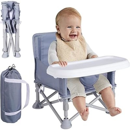Portable Baby Booster Seat with Tray, Toddler Booster seat for Dining, Camping, Travel, Baby Beach Chair 6 Months to 3 Years Old Indoor Outdoor Use Grey
