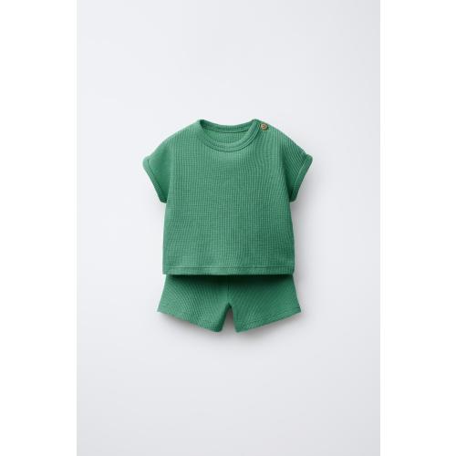PLAIN WAFFLE T-SHIRT BERMUDA SET - Green | 3-6