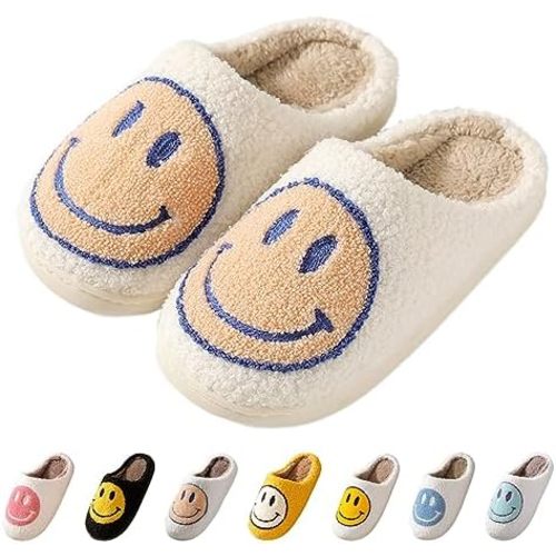 Bevaney Smile Face Slippers for Women - Soft Plush Retro Preppy Slip-on Comfortable Indoor/Outdoor Shoes