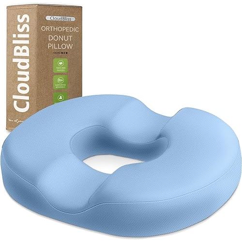 CloudBliss Donut Pillow Chair Pad Seat Cushion for Tailbone Pain Relief and Hemorrhoids, Memory Foam Chair Cushion, Portable Seat Cushions for Stadium Home & Office,Light Blue