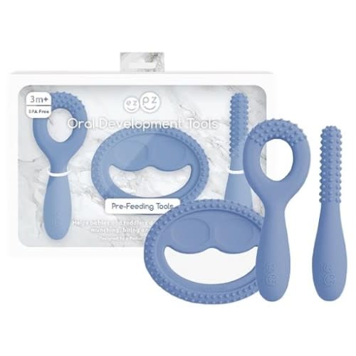 ezpz Oral Development Tools - 3 Months+ (3 Pack in Sage) - Non-Slip Loop, Smile and Stick, 100% Silicone Tools to Practice Feeding + Chewing - Sensory Bumps - Dishwasher Safe