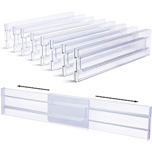Vtopmart Drawer Dividers Organizers 8 Pack, Adjustable 3.2" High Expandable from 12.2-21.4" Kitchen Drawer Organizer, Clear Plastic Drawers Separators for Clothing, Installed by Double-sided Tape