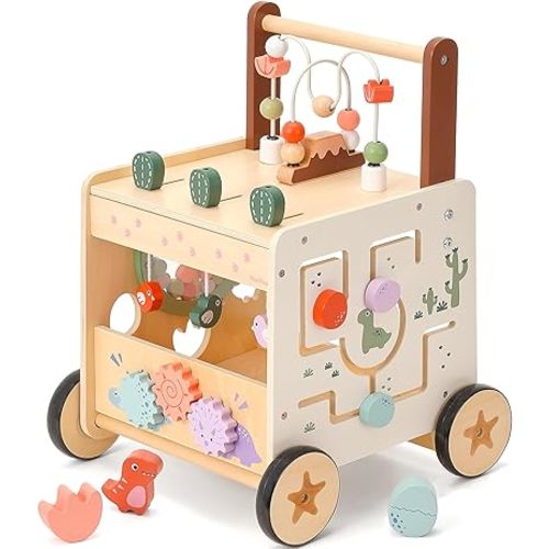 PairPear Wooden Baby Walker,6 in 1 Dinosaur Play Walker Adjustable Speed Push Cart with Brake & Shape Sorter,Natural Solid Wood Activity Center Toy for Toddlers 12M+
