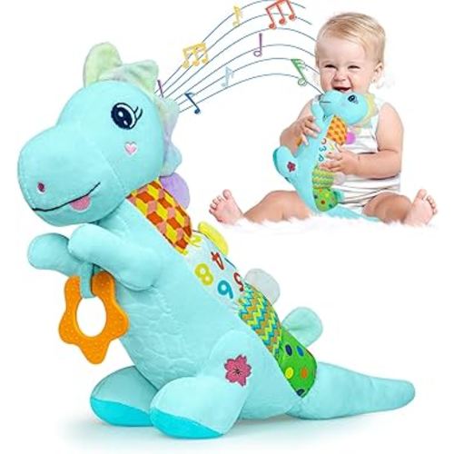 Baby Dino Musical Stuffed Animal Toys for 0-3-6-9-12 Months,Infant Dinosaur Tummy Time Toys with Crinkle Sound Paper,Teether,Textures & Rattles for Newborn Boys Girls Birthday Gifts,Blue