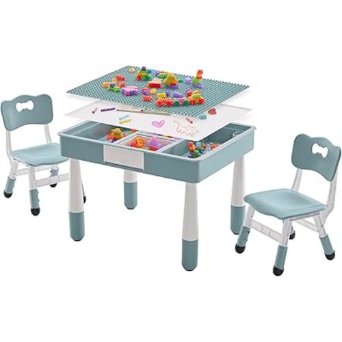 4 in 1 Kids Table and 2 Chairs Set with Storage, Toddler Table and Chair Set for Kids Ages 3-10, Graffiti & Building Blocks Double-Sided Tabletop (Grayish Blue, 2 Chairs)