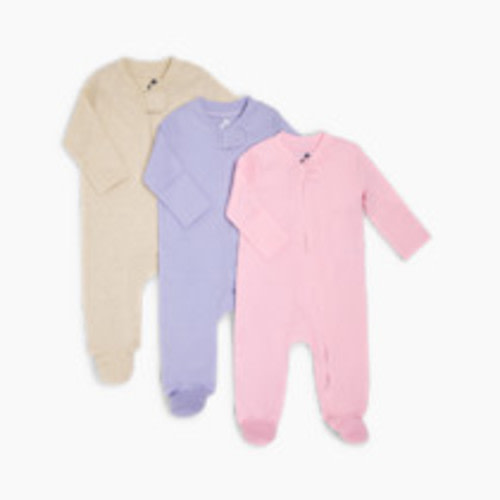 Small Story Organic Cotton Solid Zipper Footie (3 Pack) - Oatmeal Heather, Lavender, Pink, 3-6 M