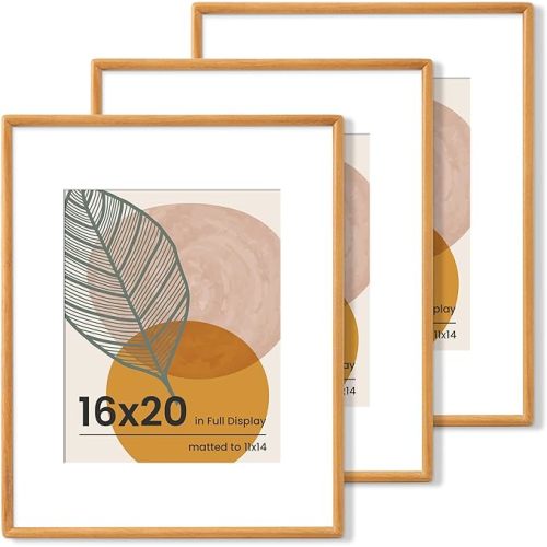 Axeman 16x20 Frame Set of 3 - Solid Teak Wood 16 x 20 Picture Frame With Mat for 11x14 - Rounded Corner 16 x 20 Frame with Tempered Glass for Wall Display