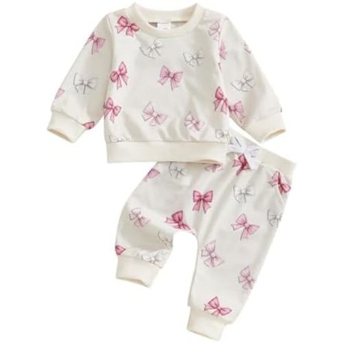 Toddler Baby Girl Fall Winter Outfit Bow Print Long Sleeve Sweatshirt Pullover Top Pants 2Pcs Infant Clothes Set
