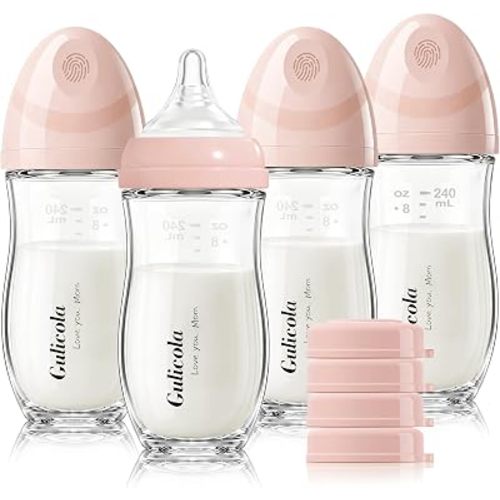 Gulicola Natural Glass Baby Bottle 8 oz for Breastfed Babies, Anti-Colic Baby Bottle Set with Medium Flow Nipple, 3 Months +, 4 Pack - Pink