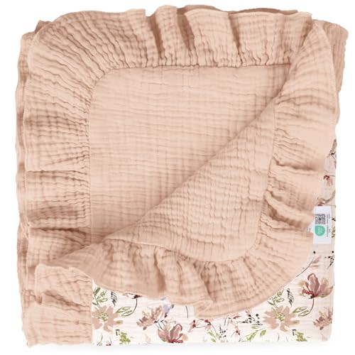 lulumoon Ruffle Muslin Baby Blanket: Soft Breathable Cotton Crib Blanket for Newborn Girls - Lightweight Receiving Wrap for Stroller & Photography Backdrop 40"x36"(Flower)