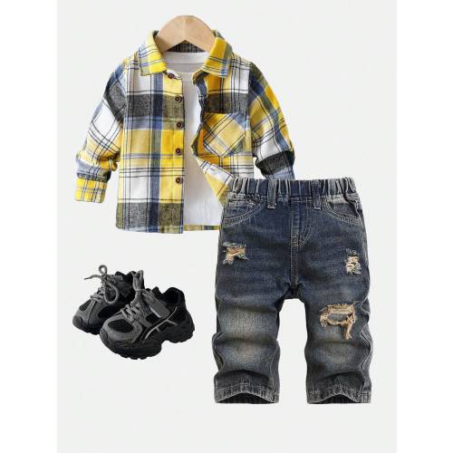 SHEIN Baby Boy Fall And Winter Vintage Distressed Street Style Casual Dark Blue Denim Ripped Frayed Loose Fit Straight Leg Baggy Jeans, Without Top, For Back To School And Streetwear